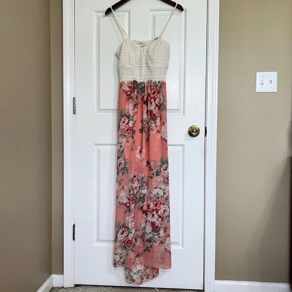 Trixxi Boho Floral Maxi Dress XL Pink Rose High Low Crochet Lace Backless